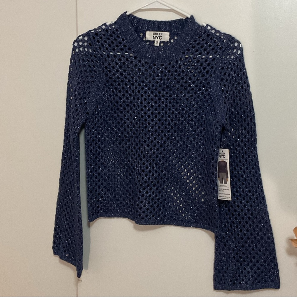 Navy Blue Crochet Long Sleeve Top